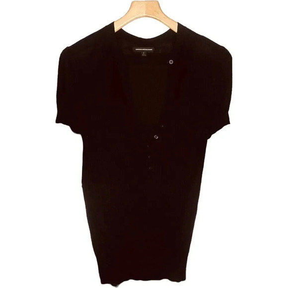 Express Women's Black Short Sleeve Knit Button Ruffle Top - Picture 1 of 8